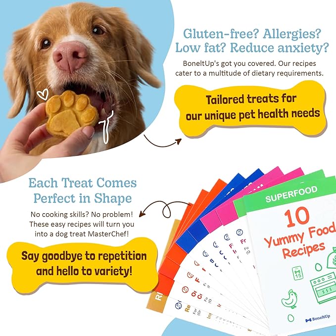 BoneItUp Dog Treat Making Kit – All-in-One DIY Cookie Set with Reusable 4 Silicone Dog Treat Molds, 3 Cutters, 10 Recipes & Gift Bags – Make Healthy Homemade Treats for Dogs