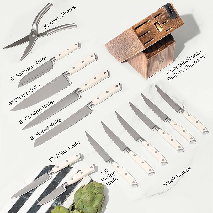 White Knife Set with Block – 14-Piece Forged Stainless Steel Knives with Triple Rivet Handles, Heavy-Duty Kitchen Shears, and Self-Sharpening Knife Block – Durable White Kitchen Accessories