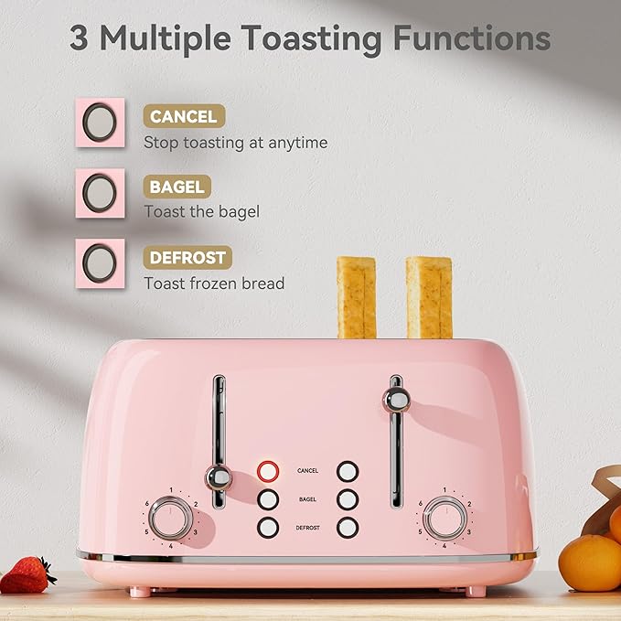 Toaster 4 Slice, Retro Stainless with 6 Bread Shade Settings,1.5''Wide Slots Toaster with Cancel/Defrost/Reheat Functions,Dual Independent Control Panel, Removal Crumb Tray (Pink)