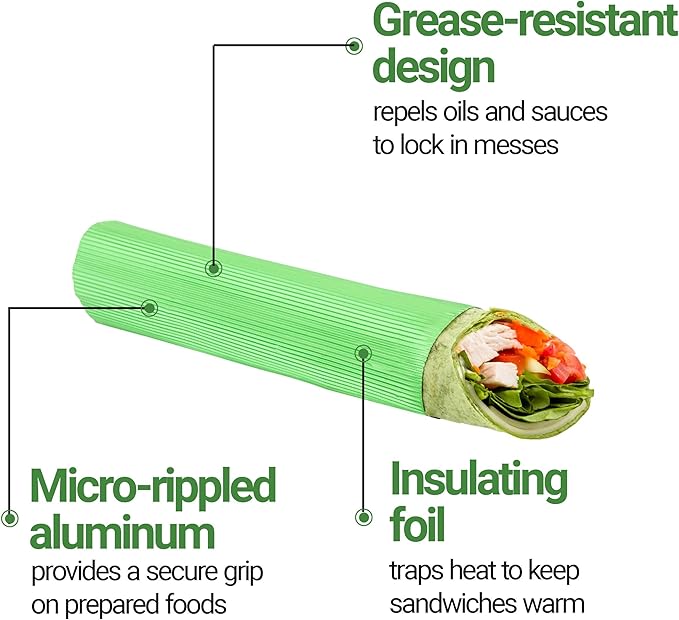 Restaurantware 12" x 12" Rippled Aluminum Foil Food Wrap and Fry Basket Liner: Perfect for Restaurant Take Out Bakeries and Food Trucks - Green Foil Sandwich Wraps - 500-CT