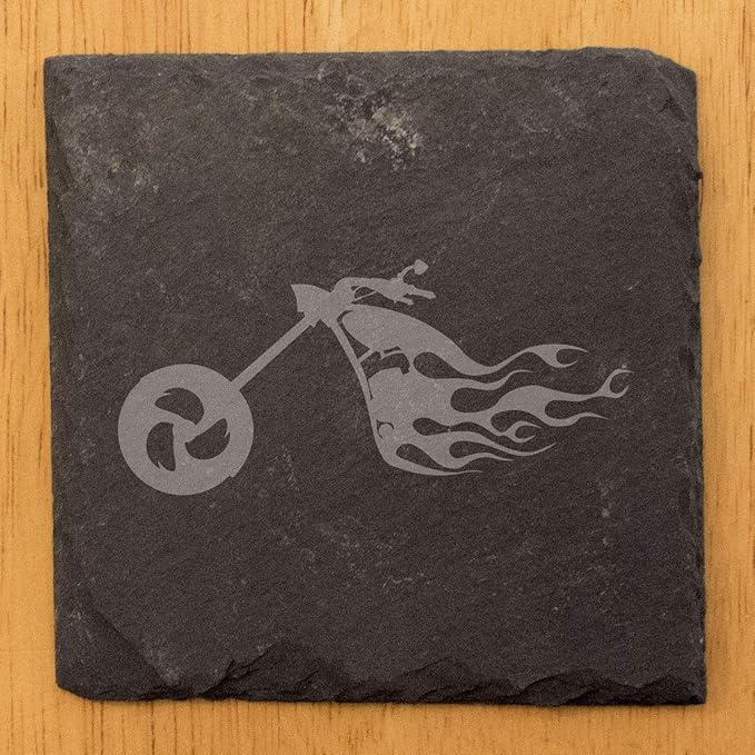 Ride The Fire: Flaming Chopper Motorcycle Coasters - Square Slate - Set of 8