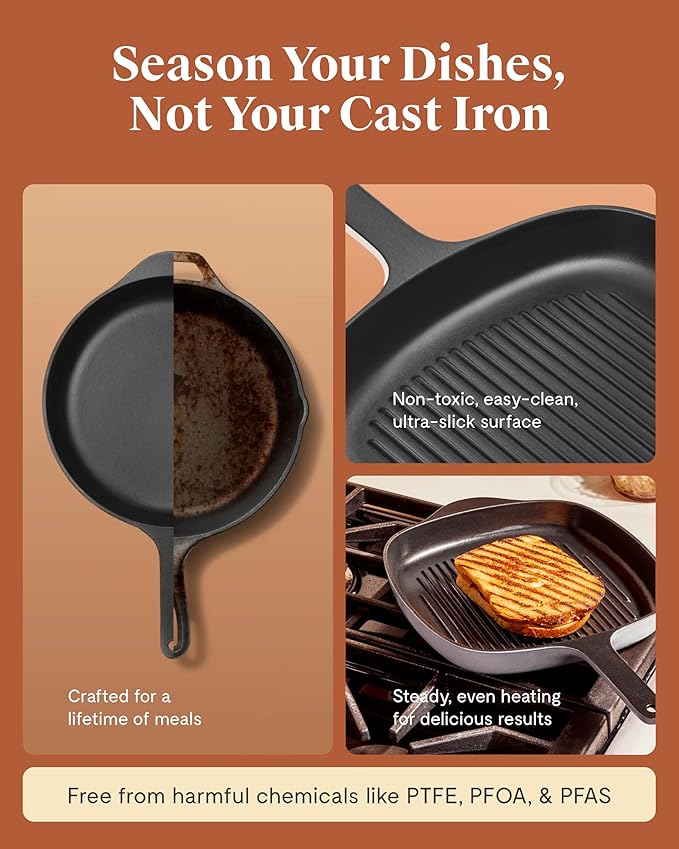 Caraway Enameled Cast Iron Grill Pan - 10.5” Grill Pan for Stovetop Cooking - 3 Layer Enamel Coating - No Seasoning Required - Compatible With All Stovetops - Free From Forever Chemicals - Gray