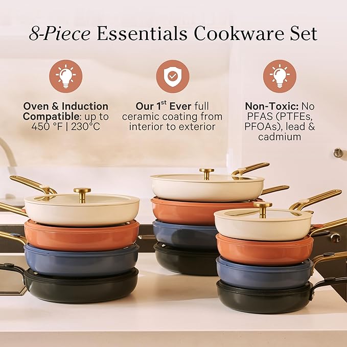 Our Place 8-Piece Essentials Complete Cookware Set - Ceramic Fry Pan Trio & Modular Rack Storage | Nontoxic Thermakind™ Nonstick, Oven Safe up to 450°F & Compatible with All Cooktops | Blue Salt
