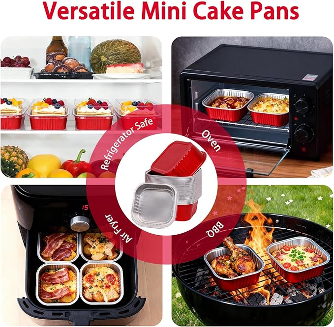 FORBFAN 10 oz Mini Disposable Cake Pans with Lids, 150 Pack Aluminum Foil Square Baking Cups with Spoons, Disposable Baking Cake Tins Red