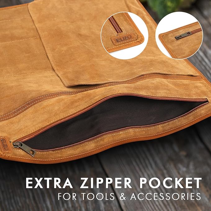 ELIZO Leather Knife Roll Bag Professional Chef Knife Case, Durable Knife Sheath Holder, Cooks & Culinary Tools Carrying Storage, Portable Knife Wrap - 4 Slots (Acron)