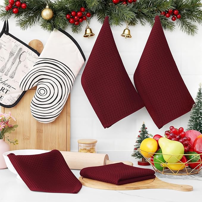 Homaxy 100% Cotton Waffle Weave Kitchen Dish Cloths, Ultra Soft Absorbent Quick Drying Dish Towels, 12 x 12 Inches, 12-Pack, Burgundy