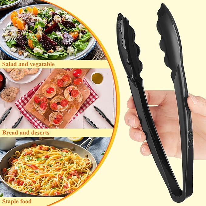 Tessco for you 150 Pcs Plastic Tongs for Serving Bulk, 9 Inch Plastic Disposable Serving Tongs Heavy Duty Salad Utensils for Kitchen Buffets BBQ Events Catering (Black)