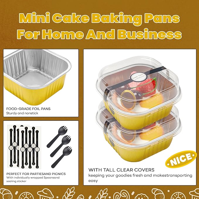 50 Pack Mini Cake Pans with Lids and Spoons Aluminum Foil Pans Square Cake Tins for Bakery Party Wedding (Gold,10 oz)