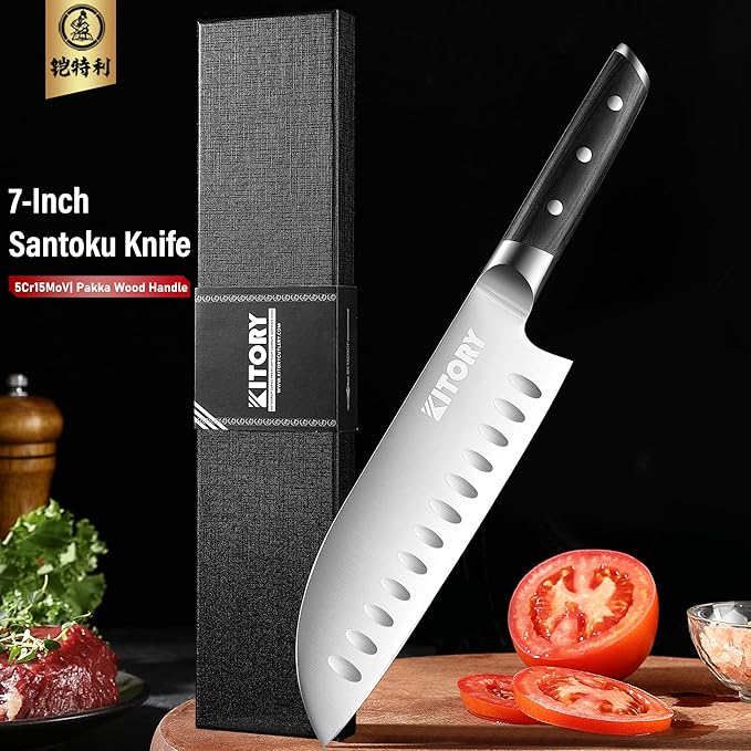 Kitory Santoku Knife - 7 Inch Full Tang GRANTON BLADE Kitchen Knife - Chef Knife for Chopping Vegetables- Forged German High Carbon Steel -2024 Gifts