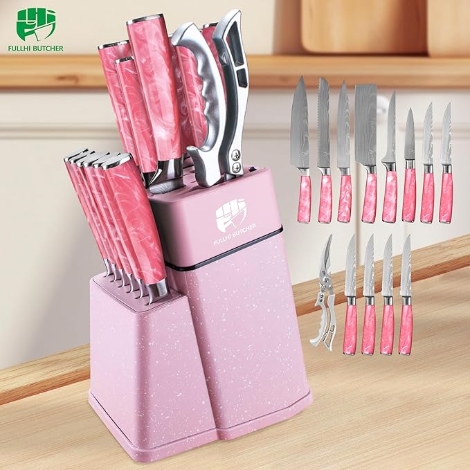 FULLHI 14pcs Block Knife Set, Chef's Knife Steak Knives Set with Block and Sharpener, Kitchen Knife Set, Multi-colour Handle, Gifts for Men Women
