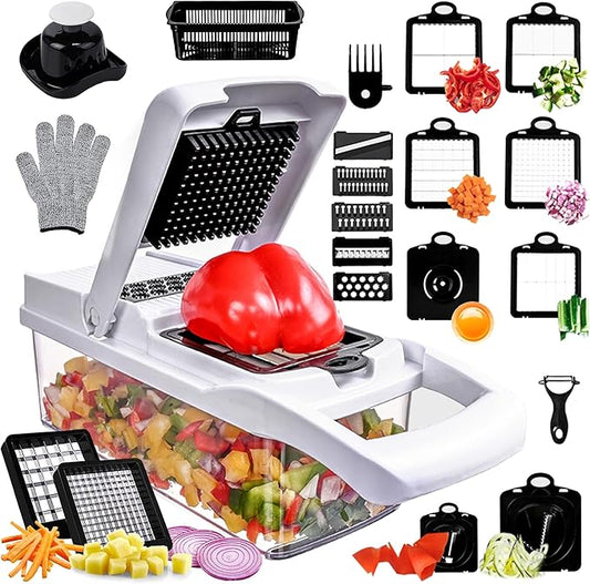 Vegetable Chopper,25 in 1 Multifunctional Food Chopper with Container,Kitchen Vegetable Slicer Dicer Cutter,Veggie Chopper Fruit Salad Potato,13 Blade Stainles Steel Blades（White）
