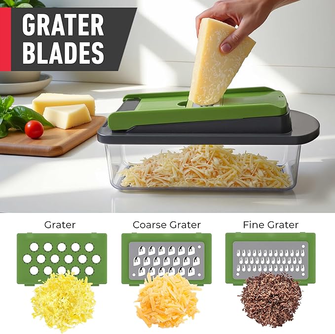 Mueller Pro-Series 10-in-1, 8 Blade Vegetable Chopper, Onion Mincer, Cutter, Dicer, Egg Slicer with Container, French Fry Cutter Potato Slicer, Home Essentials, Salad Chopper,Gray/Green
