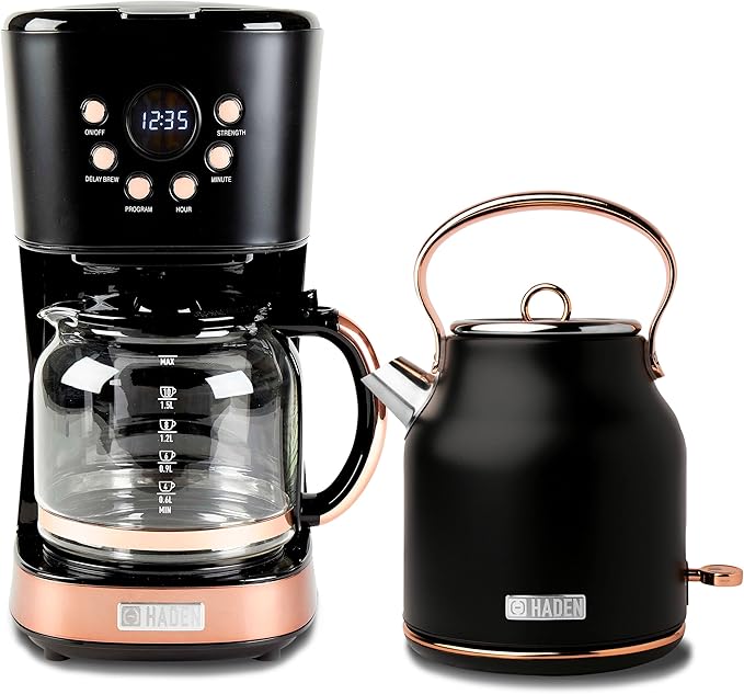HADEN Heritage 1.7 Liter Stainless Steel Electric Kettle Bundled with 12 Cup Drip Coffee Maker, Coffee Machine with Auto Shut-Off, Black & Copper