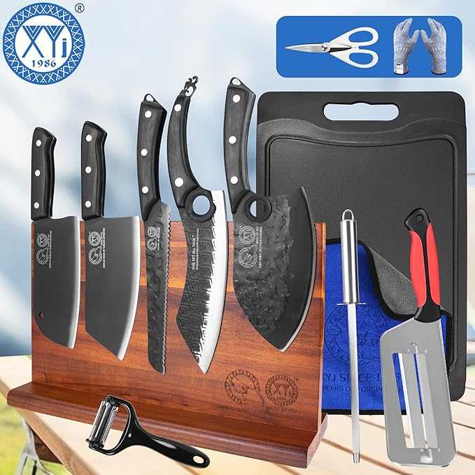 XYJ Authentic Since 1986, Kitchen Knife Block Set, Knives Set with Magnetic Knife Block, Sharpening Stick, Gloves, Scissors, Chopping Board, Washing Towel, Chef Knives Set, Full Tang Handles