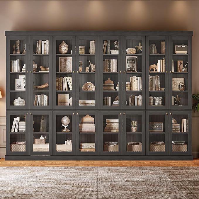 70.8" Bookshelf with Glass Doors, Farmhouse Modular Bookcase with 6-Tier Adjustable Shelves, Large Storage Cabinet for Living Room & Home Office, Set of 2, Black