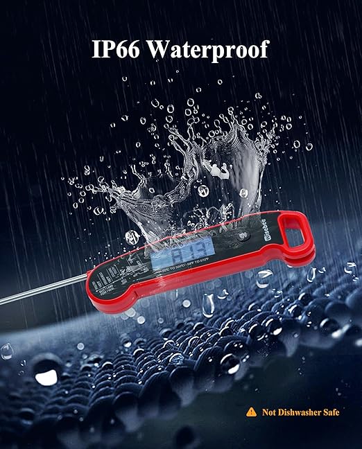 Wisebee Meat Thermometer Digital, 0.5 Sec Instant Read Waterproof Food Thermometer with 180°Auto-Rotate Backlit Display | Anti-Slip Handle | Magnetic Back | Hold Function for Cooking, Red