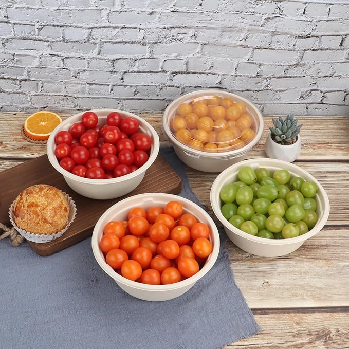 37 oz Disposable salad bowls with lids, Sugarcane Fiber Paper Bowls take away food containers Plant Fibers Freezer Safe 50 Pack
