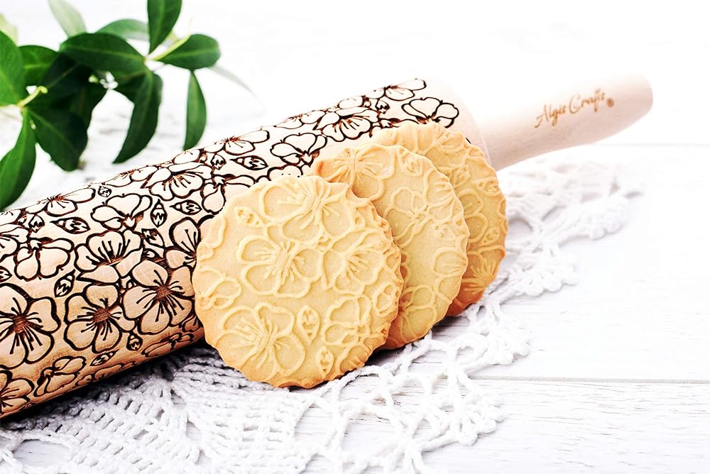 SAKURA Embossing rolling pin. Japanese Cherry Blossom embossed dough roller by Algis Crafts