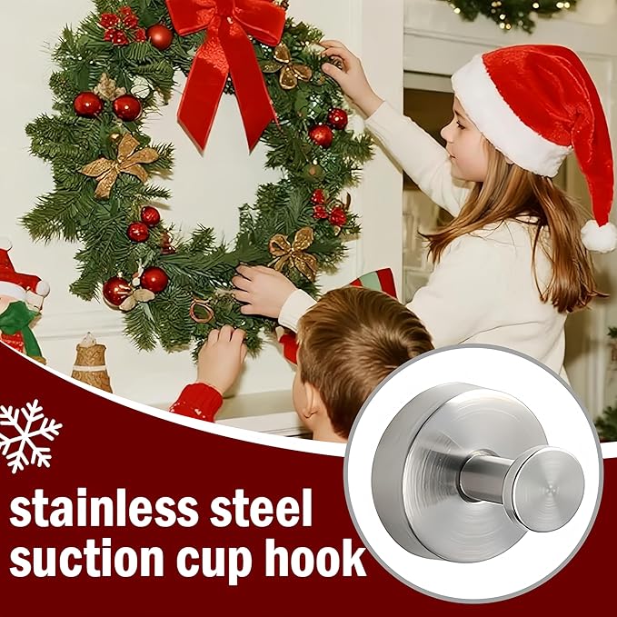 Suction Cup Hooks for Wreaths on Glass, 2026 Upgrade No Drill Towel Hooks Stainless Steel Waterproof Suction Cup Hooks, Wreath Hanger for Front Door for Kitchen, Bedroom (4, White)
