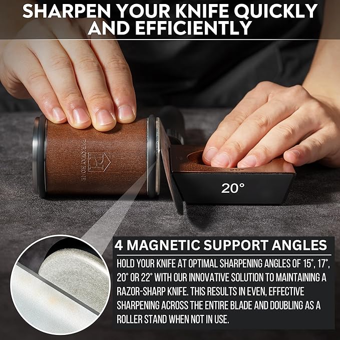 Rolling Knife Sharpener with Leather Strop and 15, 17, 20 & 22 Degree Angles - Knife Sharpener Kit - Roller Knife Sharpening System with Stand, Holder & Eraser - Walnut Brown