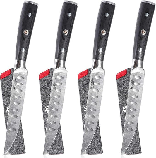KYOKU Samurai Series - 5" Steak Knives Set of 4 with Sheath & Case - Full Tang - Japanese High Carbon Steel - Pakkawood Handle with Mosaic Pin (Japanese Steak Knife Set)