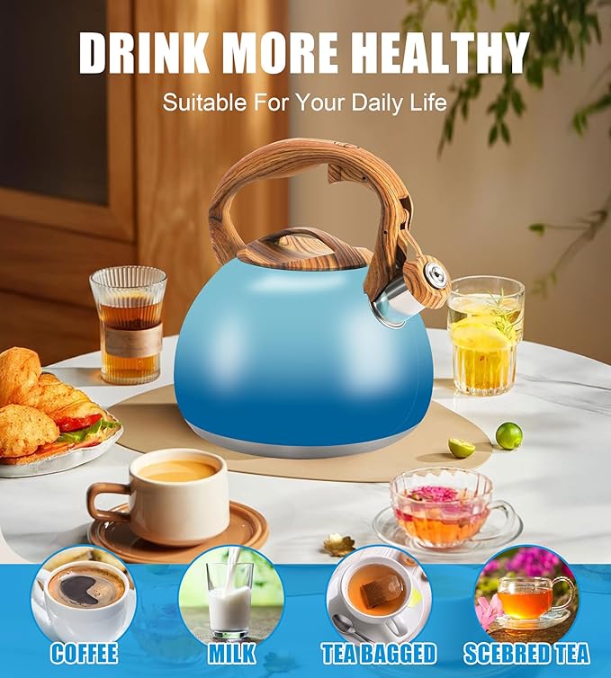 Tea Kettle, 3.2Qt/3Liter Whistling Kettle,Food Grade Cool Handle Tea pot,One-Button Switch, Apply to Various Stovetops, Coffee/Tea (Sky Blue Gradient)