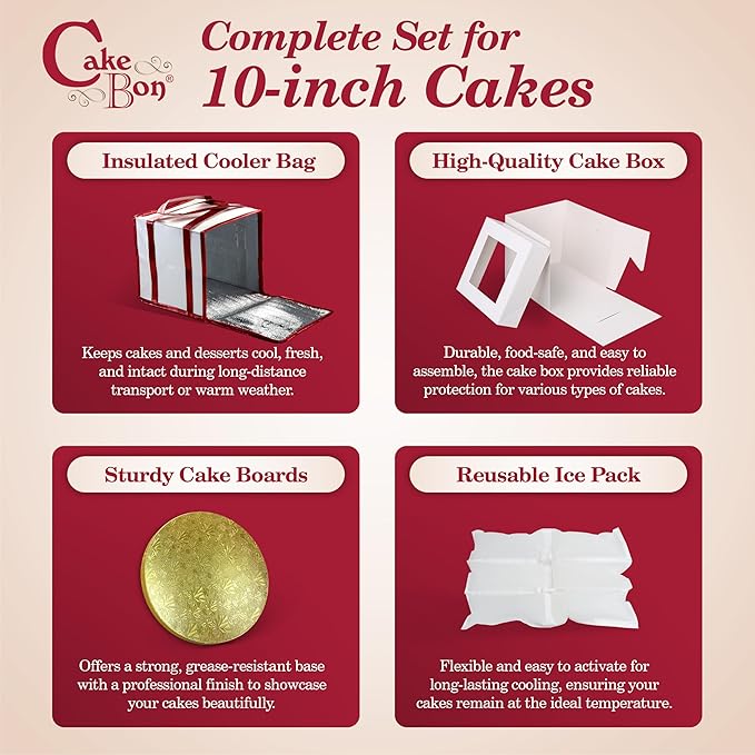 Cakebon Cake Box and Boards, 10-Inch Round Gold Smooth Edges 1/2- Inch Thick Drums with Insulated Bag and Ice Pack – Cake Transport Set, Cooler for Cake Delivery and Transport (1pc Each, 4pcs Total)