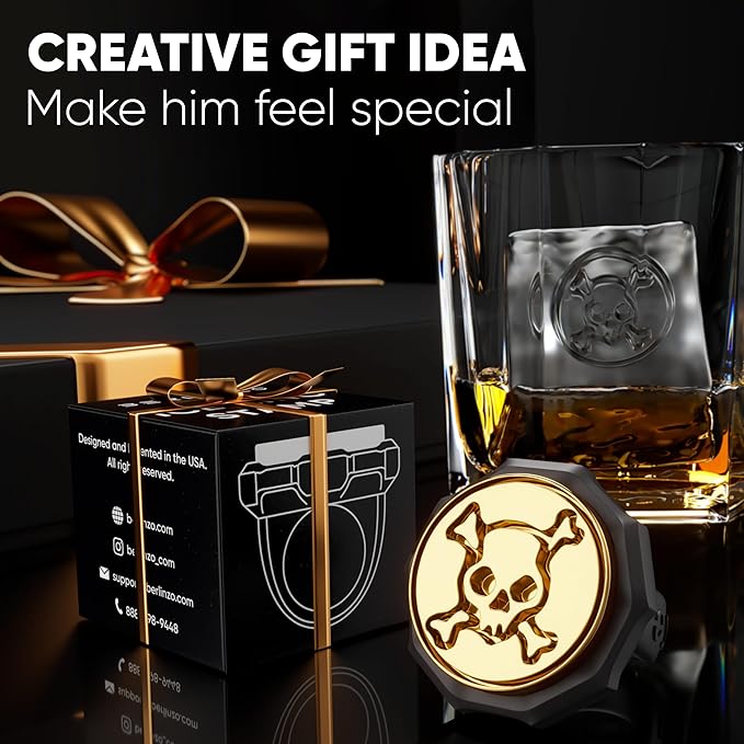 Berlinzo Ice Stamp Ring Bull for Cube & Sphere - Custom Ice Cubes for Whiskey, Mojito Cocktails - Halloween Party Gift - Bull Shaped Brass Ice Stamp w/ 3mm Depth - Black