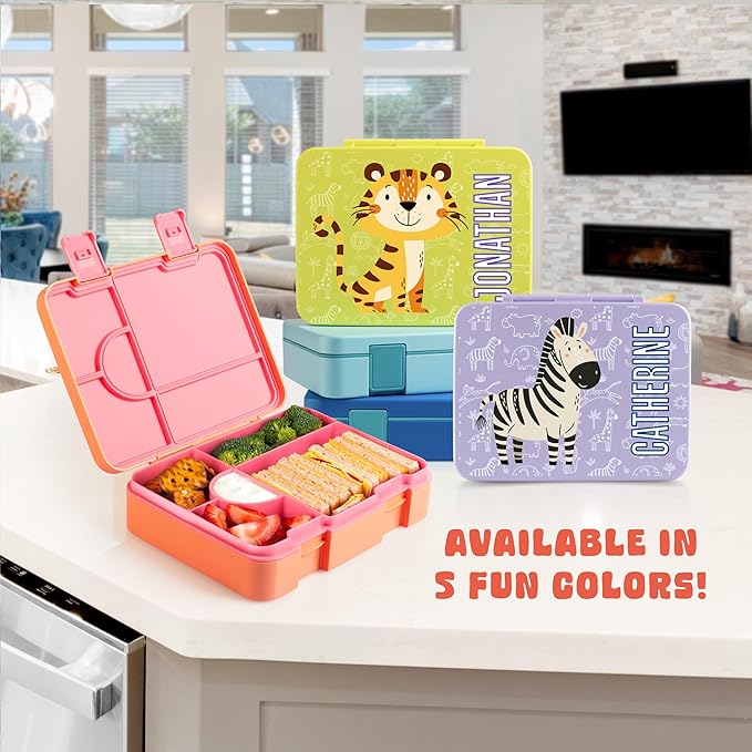 Personalized Bento Box for Kids with Safari Icon and Name - Salmon - 5 Compartments Drop-Proof Bento Box, Dishwasher Safe, Made with BPA-Free Materials, Bento Lunch Box for Kids and Toddlers