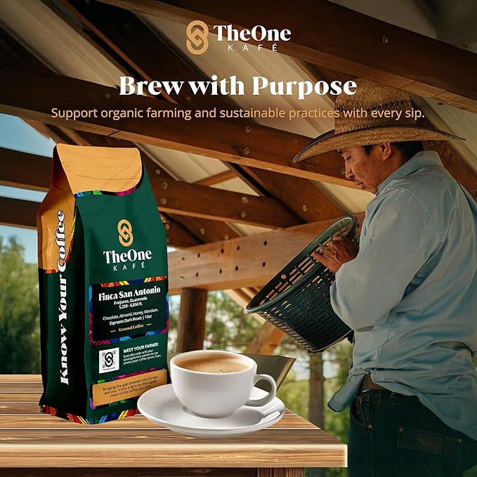 TheOne Kafé Guatemala Dark Roast Ground Coffee – Organic, Single Origin, Premium Specialty Coffee, Ethically Sourced, Smooth & Rich Flavor – Fresh Roasted for Espresso, Drip, Pour Over – 12 oz