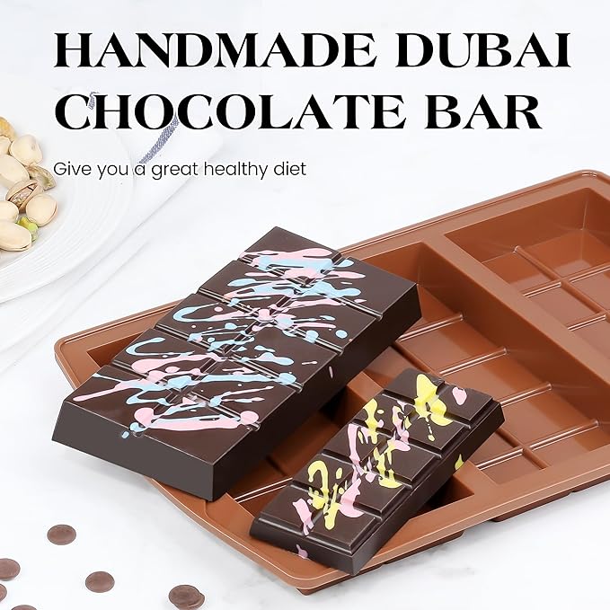 3 Pcs Dubai Chocolate Bar Mold Deep Silicone 0.85 Inch Large Stuffed Chocolate Molds Nonstick Break Apart Square Shape Thick Candy Bar Molds