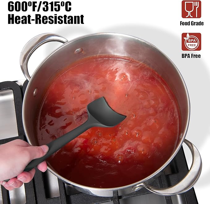 2-Piece Silicone Scraper & Spoon Spatulas: Doosu 600°F Heat Resistant Food Grade BPA Free Rubber Baking Flat Spatula Kitchen Cooking Spoonula for Mixing, Scraping, Folding, Stirring, Serving (Black)