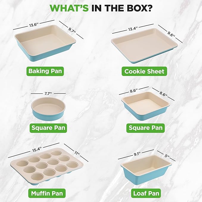 NutriChef 6-Piece Baking Pan Set, Carbon Steel Bakeware with Premium Ceramic Nonstick Coating, Includes 12-Cup Muffin Pan, Cake & Loaf Pan, Wide Bake Pan, & Cookie Sheet - Turquoise