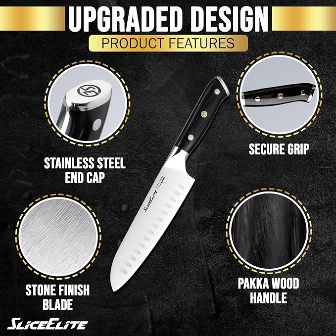 SliceElite Slice Series Santoku Knife 7 Inch High Carbon German Steel Blade Pakkawood Handle Dual Sheaths Kitchen Knife for Meat Cutting Chopping Chefs Cooking Tool Sharp Vegetable BBQ Knife Gift