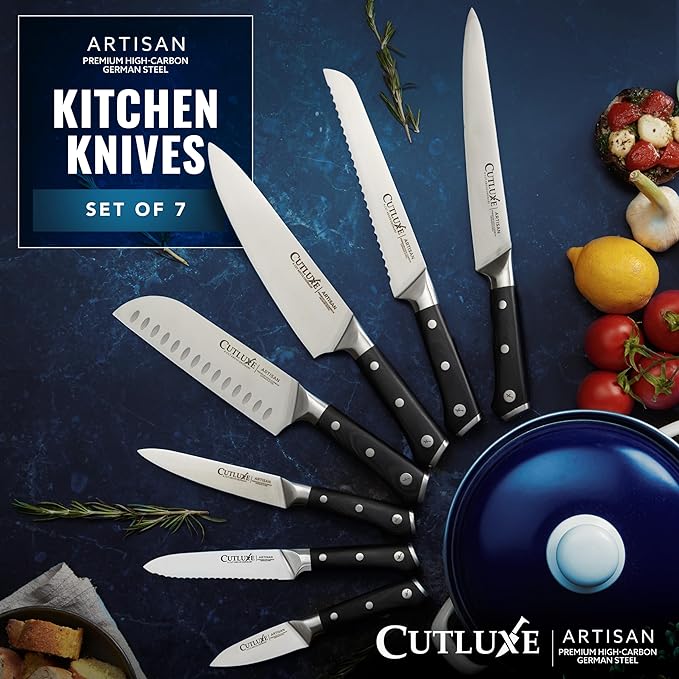Cutluxe Chef Knife Set, 7 PCS Professional Chef's Knife Set – Razor Sharp German Steel, Full Tang, Ergonomic Handles – Artisan Series