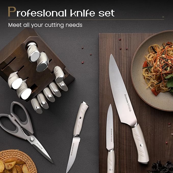 Knife Set, Astercook Kitchen Knife Set with Block, 15 Pcs Luxurious High Carbon German Stainless Steel Knives Set with Full Tang Ergonomic Handle, Dishwasher Safe Knife Block Set with Sharpening Rod