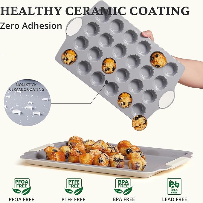 BRONYPRO Ceramic Mini Muffin Pan, 24-Cup Nonstick Aluminized Steel Cupcake Pans, Healthy Non-Toxic Ceramic Coating Mini Muffin Tin, 1Pack Cup Cake Pans for Baking Cream