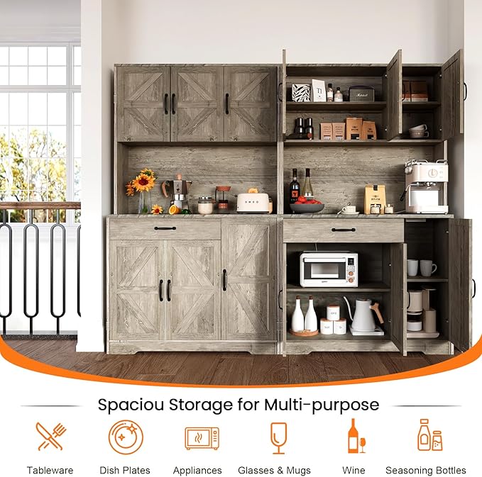 71" Kitchen Pantry Cabinet with Charging Station, Buffet Sideboard for Coffee Maker & Toaster, Storage Cabinet for Snacks, Spices & Wine, Fits Kitchen, Dining Room & Coffee Bar，Grey