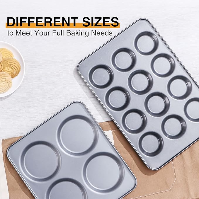 HONGBAKE Mini Muffin Top Pan for Baking, Premium 12 Cavity Small Whoopie Pie Pan, Nonstick Yorkshire Pudding Pan for Pansuffin, Moon Pie, Cookies, Dishwasher Safe and Easy to Clean