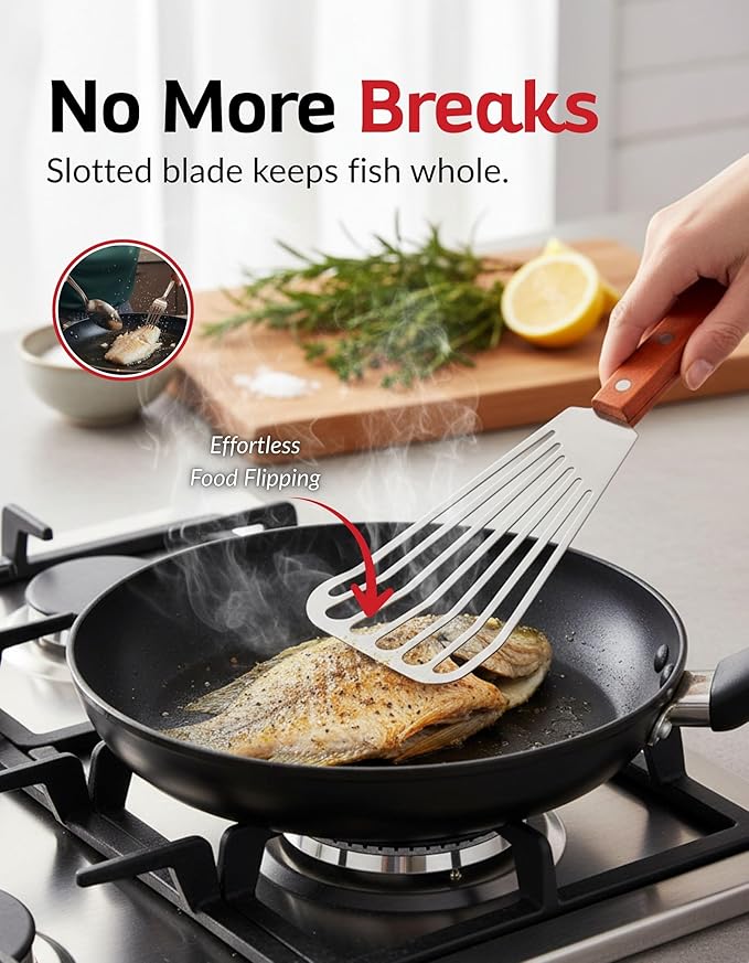 Fish Turner with Wood Handle – Stainless Steel Slotted Spatula for Frying, Grilling & Cooking – Professional Fish Flipper & Burger Turner