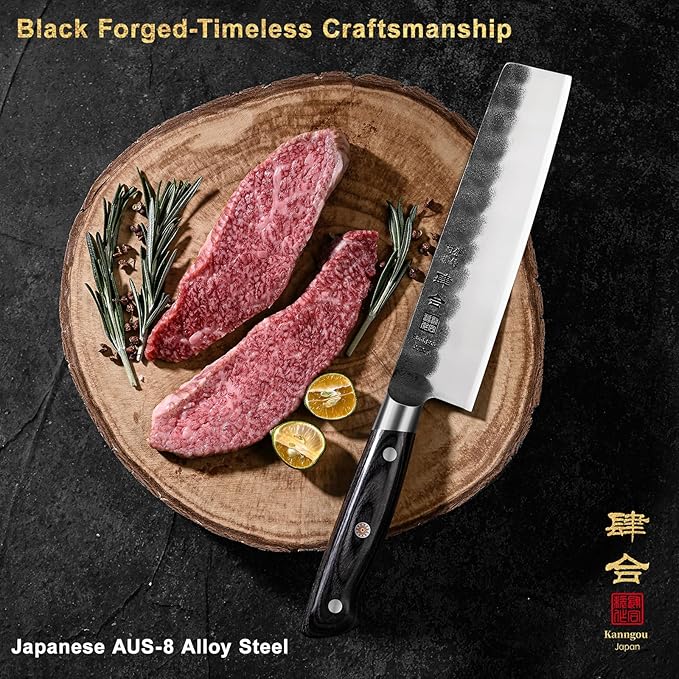 7 Inch Nakiri Knife, Black Forged Japanese Cleaver Knife Chefs Knife with High Carbon Stainless Steel, Japanese Nakiri Knife with Full Tang Pakkawood Handle, Christmas Gift with Premium Box