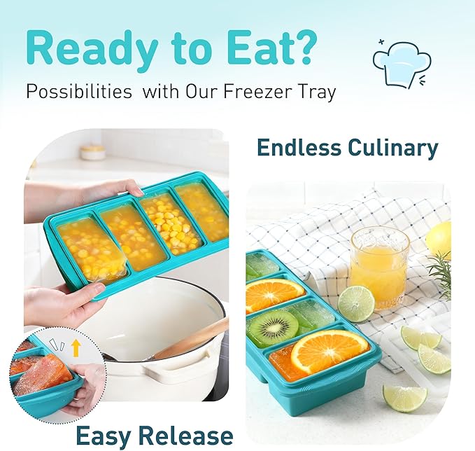 Silicone Freezer Tray With Lid Soup Freezer Container Molds with Steel Reinforced Rim Ice Cube Freezer Molds for Soup, Sauce, Leftovers, Homemade Meal Prep Containers Portion Control Food Storage