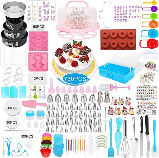 Cake Decorating Kit, 730 Pcs Cake Pop Kit Cake Decorating Supplies with Cake Carrier Holder Springform Pan Sets Toolbox Organizer Turntable Piping Bags Tips Chocolate Molds for Beginner Professional