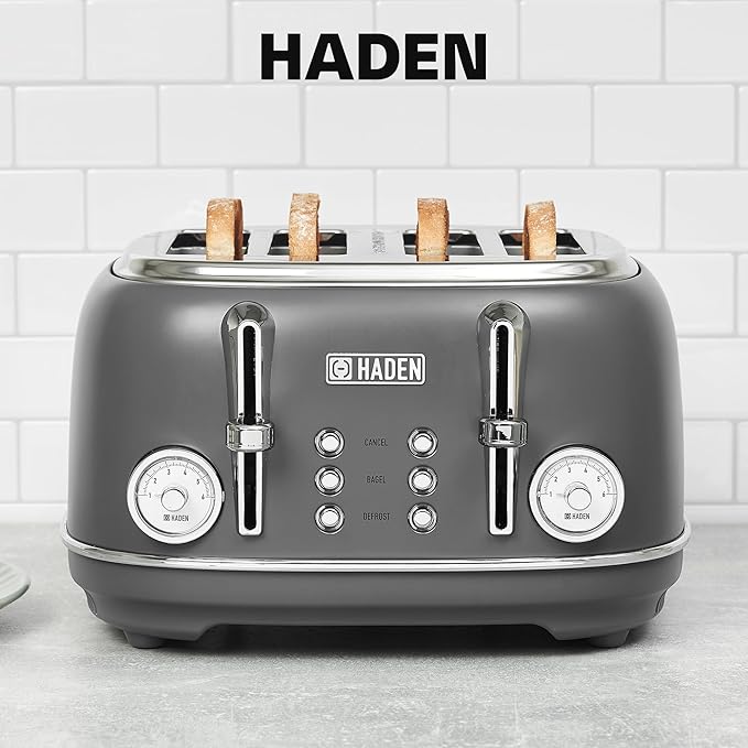 Haden Chelsea 4 Slice Wide Slot Toaster with Adjustable Browning Control, Grey & Chrome