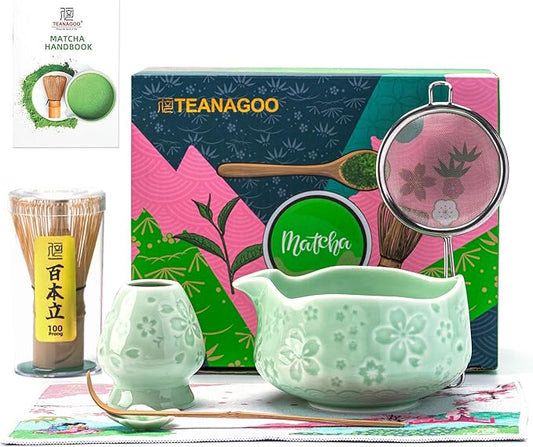 TEANAGOO Matcha Whisk Set,7 Pcs Matcha Set Blue Green,Ceremony Matcha Kit,Matcha Tea Set for Making Latte,Ceramic Bowl(chawan) whith Spout and Whisk,Gift for Matcha Lovers