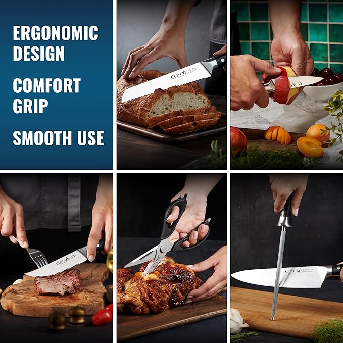 Cutluxe 15-Piece Knife Set – Premium Acacia Wood Block – Knife Set for Kitchen, Ultra Sharp High Carbon German Stainless Steel, Full Tang – Artisan Series