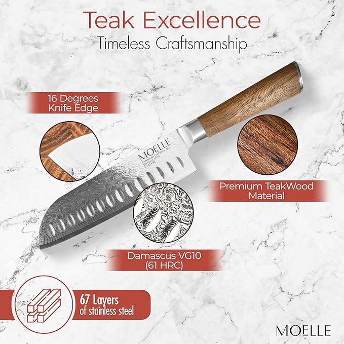 MOELLE Premium Teak Wood Damascus Santoku Knife 7” Blade - VG10 Japanese Damascus Steel 67 Layers, 60+ HRC - Danish Design Kitchen Knife with Elegant Gift Packaging