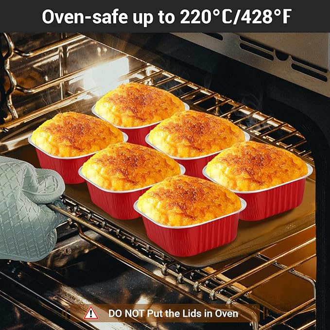 EUSOAR Disposable Ramekins with lids, 10oz 50pcs Square Baking Cups with Lids, 300ml Muffin Liners Snacks Desserts Flan, Pie Ramekin, Recyclable Catering Gathering Wedding Party Favor Baking Cups-Red