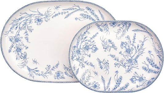 Bico Blue Garden Toile De Jouy 16 plus 12 inch Oval Platters Set, Set of 2, Microwave and Dishwasher Safe, for Serving Fish, Chicken, Turkey