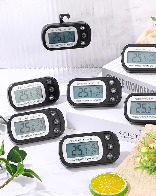 Frienda 8 Pack Black Digital Fridge Thermometer Waterproof Refrigerator and Freezer Room Max/min Record Function LCD Screen Refrigerator Thermometer with Hook and Magnetic Back for Home